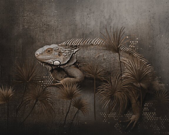 Caméléon et feuilles tropicales dans un style loft