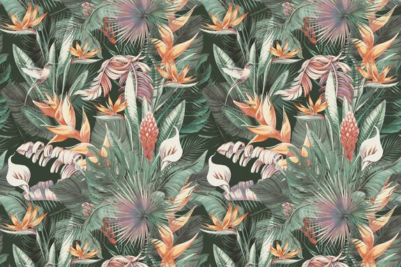 Motif botanique plantes tropicales et colibris