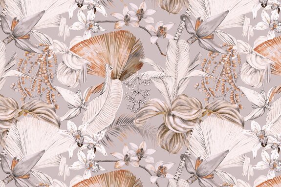 Fleurs et feuilles exotiques sur fond gris clair