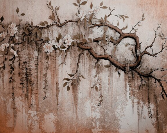 Branche d'arbre avec fleurs blanches texture béton