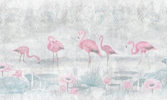 Flamants sur l'eau en style aquarelle avec des plantes