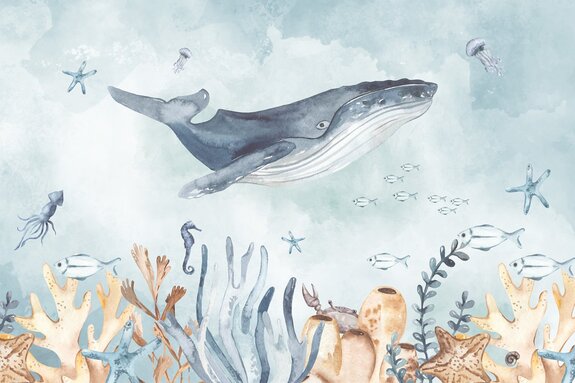 Monde marin avec baleine et animaux style aquarelle illustration pour enfants