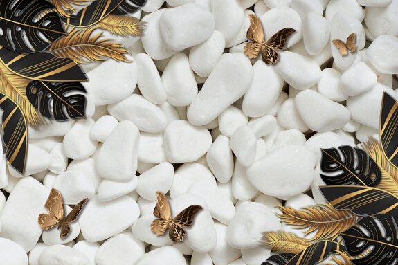 Papillons et feuilles exotiques 3d sur fond de pierres blanches