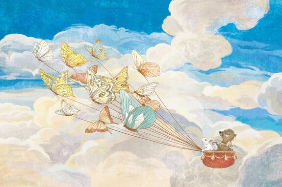 Motif pour enfants avec papillons et animaux volants sur fond de ciel