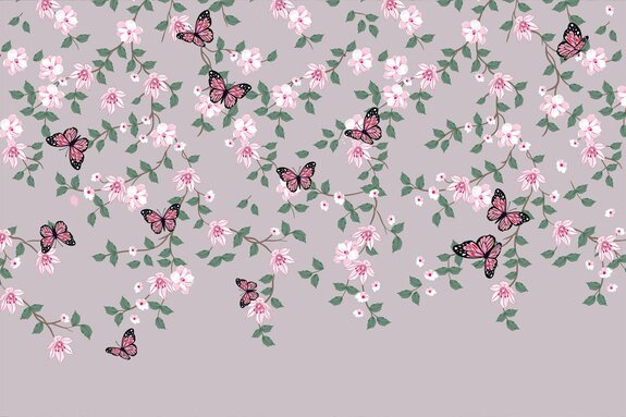 Motif botanique avec papillons roses et fleurs avec des feuilles dans des tons de vert