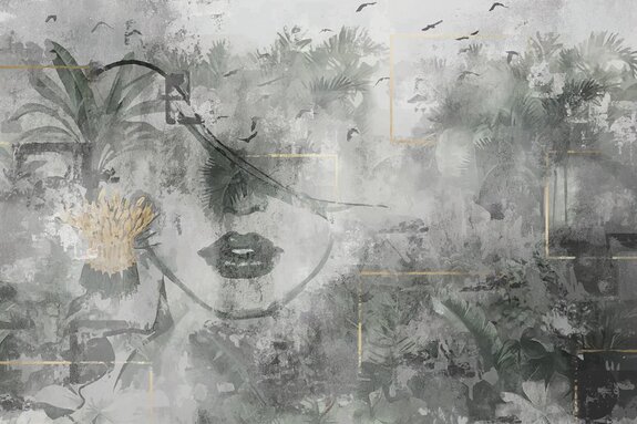 Portrait abstrait d'une femme avec des plantes tropicales sur fond de béton