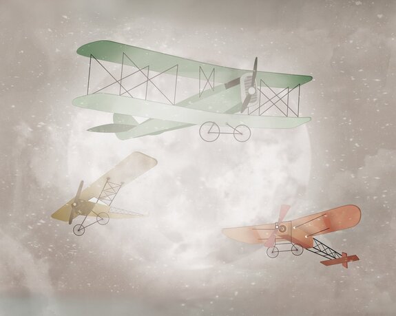 Avion dans un ciel aquarelle avec une pleine lune