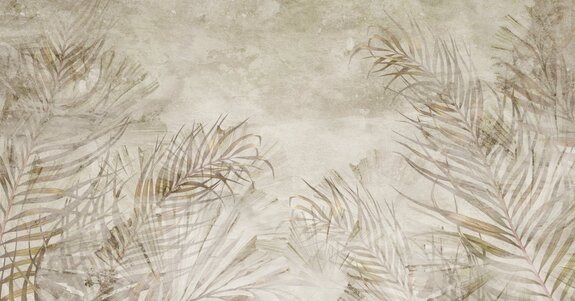 Feuilles de palmier tropicales sur fond béton beige style boho