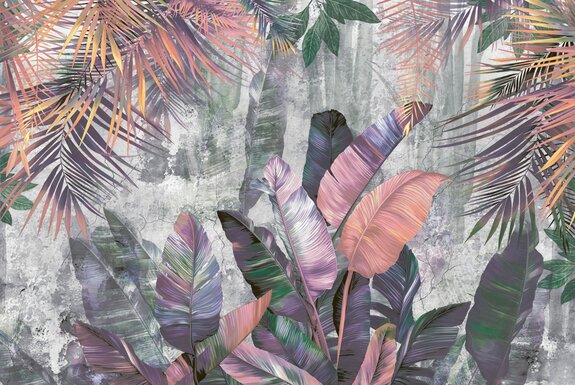 Feuilles colorées de palmier et de bananier sur fond en béton