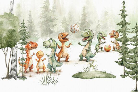 Dinosaures avec un ballon dans une forêt aquarelle