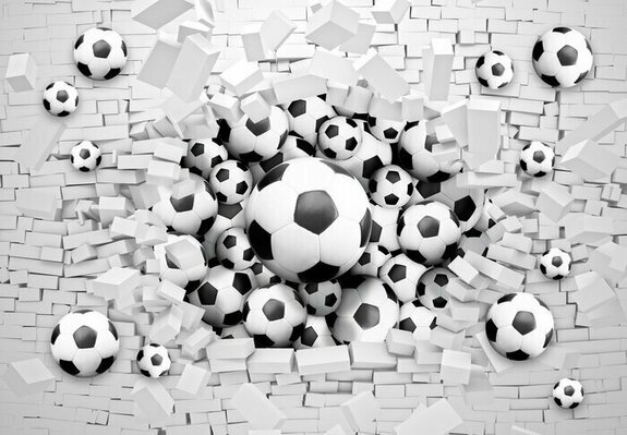 Ballons de football perçant un mur de briques 3d