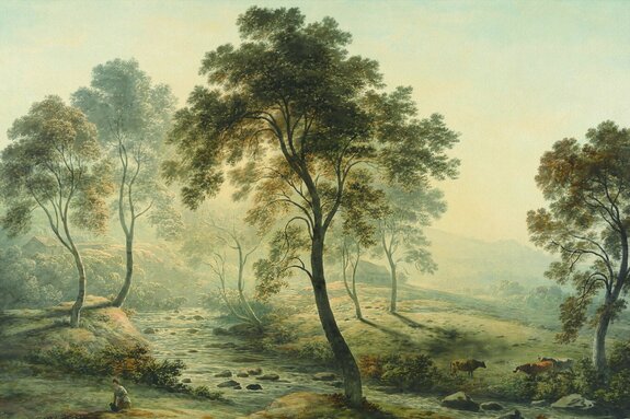 Arbres à feuilles caduques parmi la rivière et les animaux