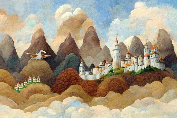 Château et dragon blanc - illustration de conte de fées