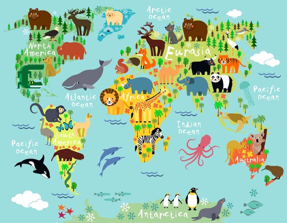 Animaux de bande dessinée sur les continents