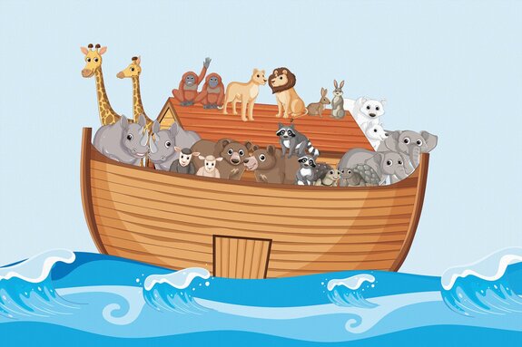 Bateau avec des animaux sur les vagues de la mer