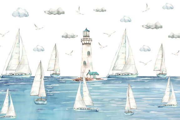 Navires à voile sur la mer avec un phare en arrière-plan