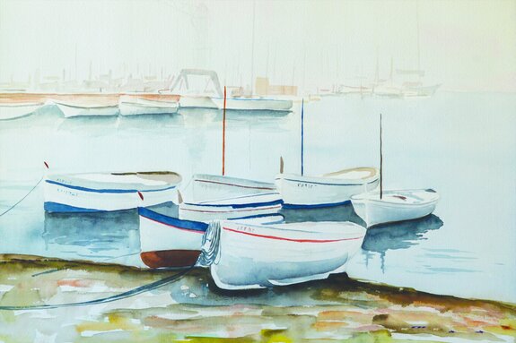 Motif peint avec des bateaux sur le rivage