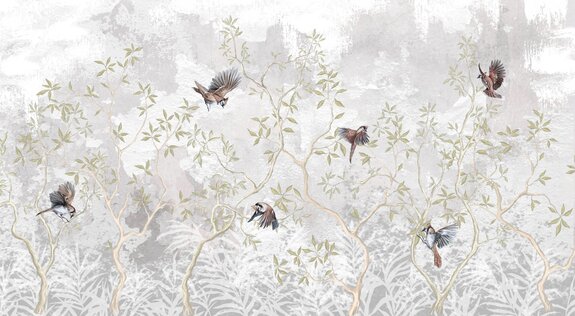 Oiseaux sur les branches des arbres, fond en béton