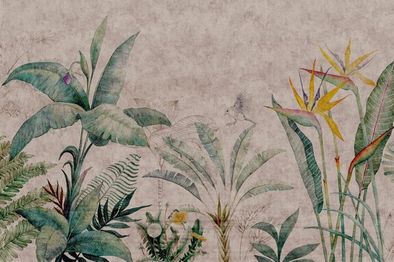 Plantes tropicales et oiseau, motif botanique sur fond en béton