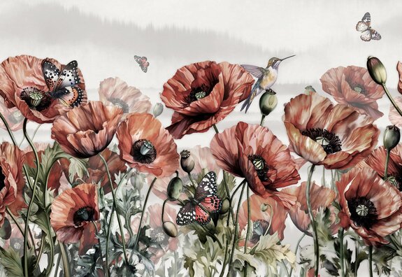 Coquelicots rouges, colibris et papillons