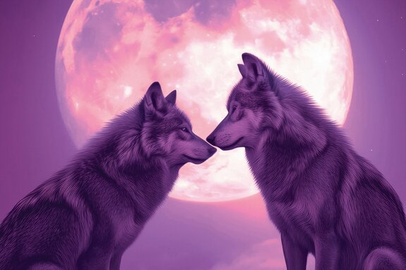 Peinture romantique de loups sous la pleine lune