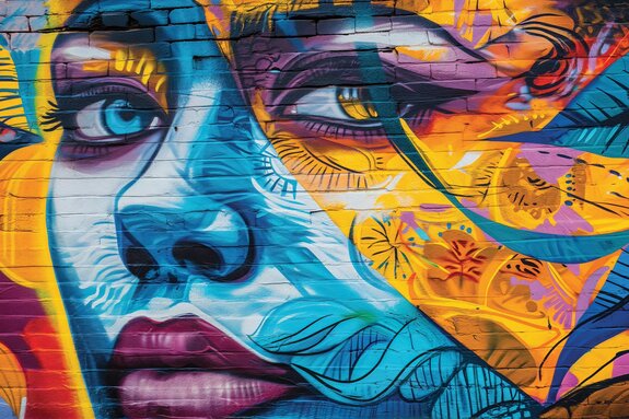 Visage de femme sur un mur de briques colorées