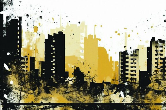 Aquarelle d'une ville avec des bâtiments hauts