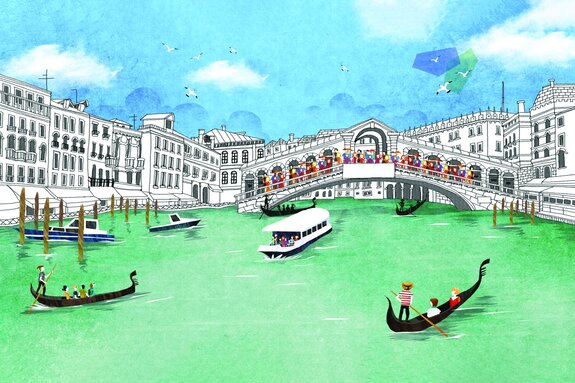 Pont du rialto dessiné à la main avec des gondoles