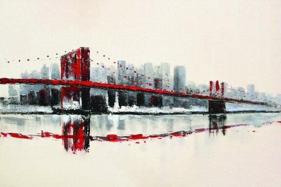 Pont rouge peint sur fond de ville