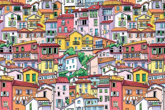 Paysage avec des maisons colorées