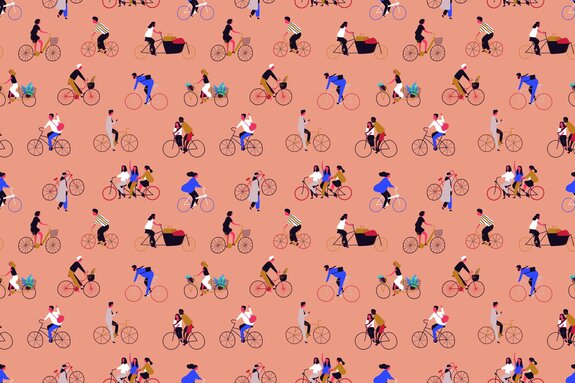 Des gens faisant du vélo sur un fond orange