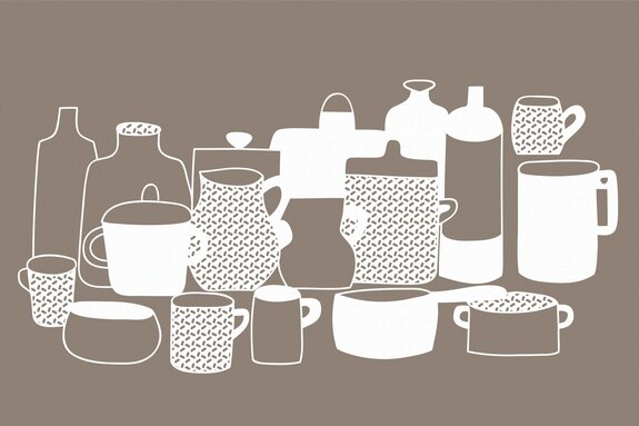 Dessin de casseroles et cruches en porcelaine