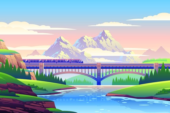 Paysage d'un train roulant sur fond de montagnes