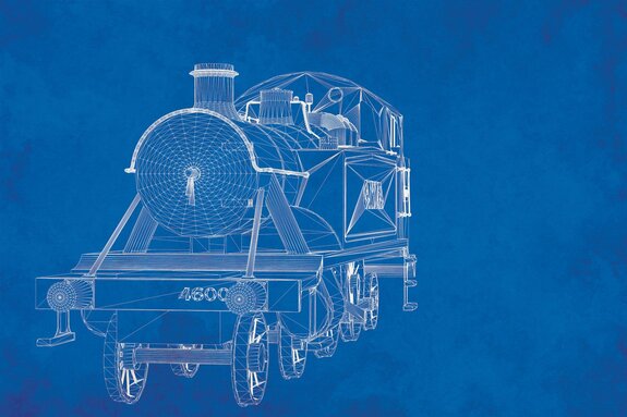 Croquis d'une locomotive sur fond bleu