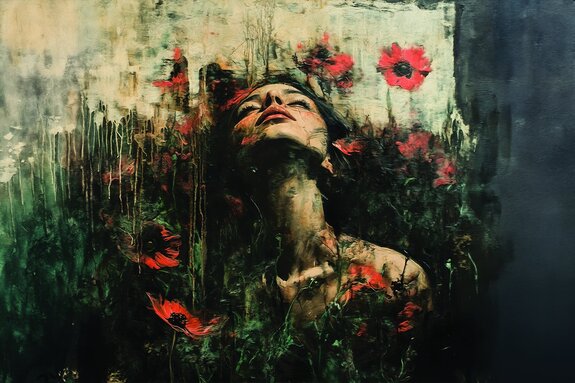 Femme parmi les coquelicots sur un mur