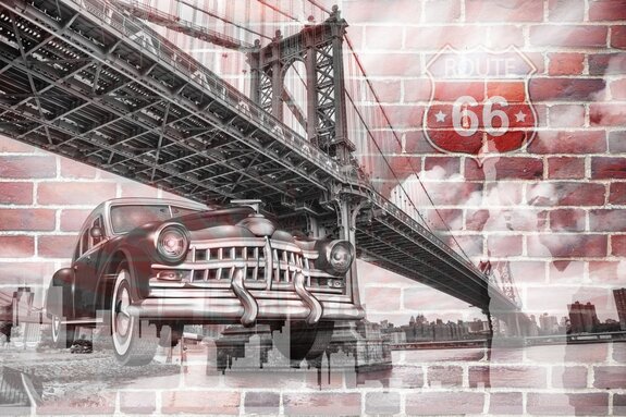 Voiture rétro sur fond du pont de brooklyn et de la route 66
