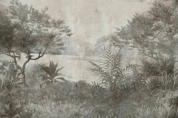 Végétation forestière luxuriante en tons gris