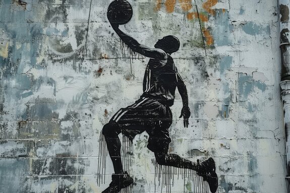 Homme joueur de basket avec un ballon sur le mur