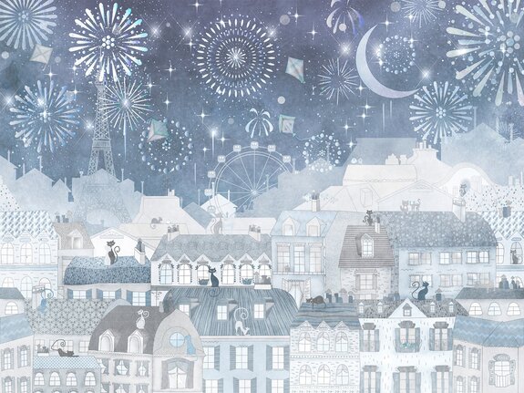 Ville avec la tour eiffel et des feux d'artifice