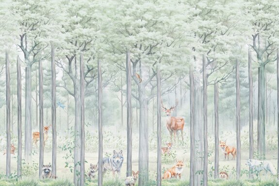 Forêt avec des animaux sauvages, loup et cerf