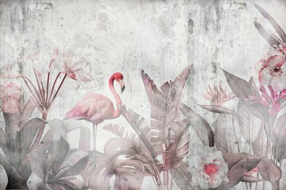 Wallpaper design for digital printing with tropical leaves and flamingo