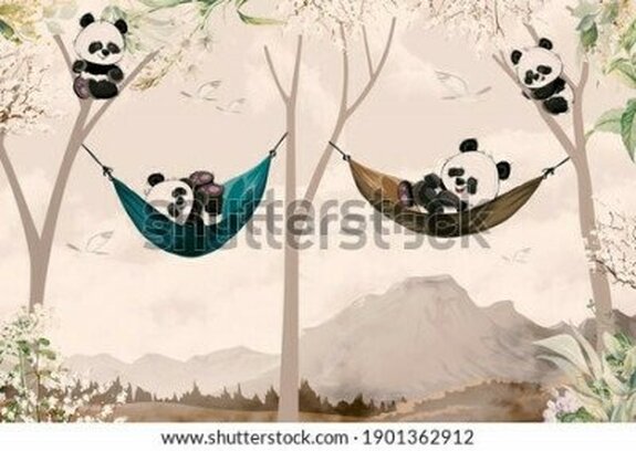 Cute pandas lying in hammock for child room wallpaper design