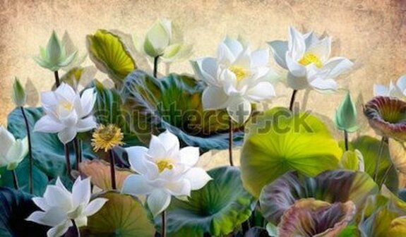 Illustration numérique d'une floraison des fleurs de lotus blanc avec des feuilles vertes sur un fond de murs beiges dans le grenier. papiers peints et peintures murales pour l'impression inté