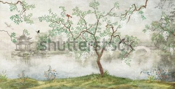 Arbre au bord du lac. paysage brumeux. arbre aux oiseaux dans le jardin japonais. la peinture murale, papier peint pour l'impression intérieure