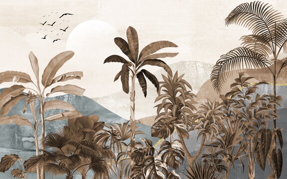 Jungle avec des palmiers sur fond de montagnes