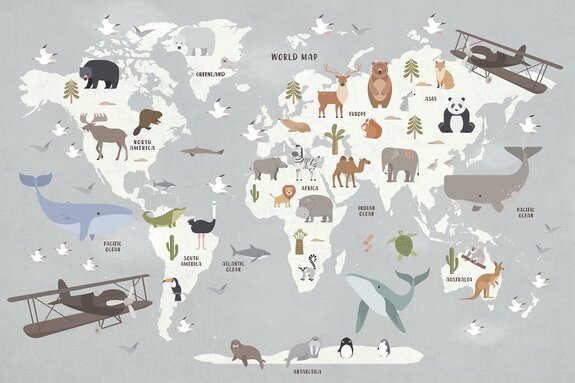 Animaux sur une carte du monde pour enfants