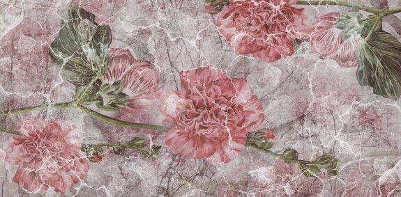 Pivoines roses sur un mur fissuré