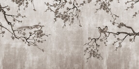 Fleurs de cerisier avec des oiseaux sur béton gris