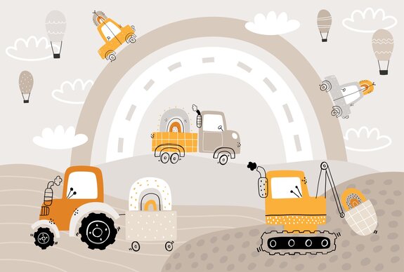 Voitures et tracteur sur fond arc-en-ciel