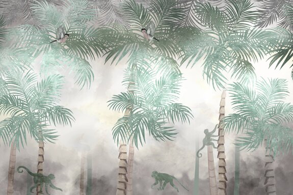 Jungle avec des palmiers exotiques et des singes